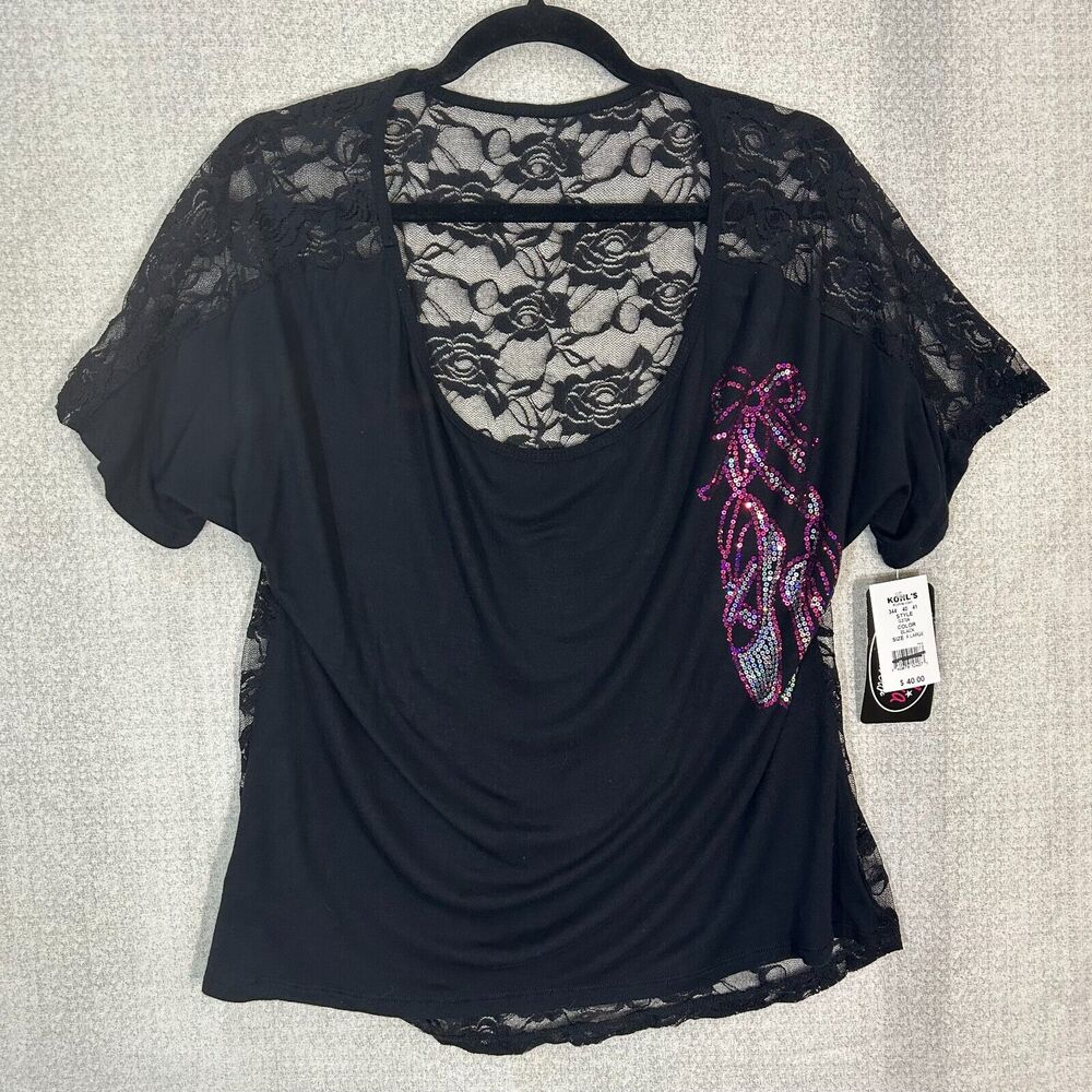 Gia-Mia Dancewear Top Womens XL Black Pink Sequin‎ Lace Overlay Short Sleeve NWT